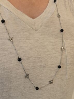 Stainless Steel Floral Link Necklace with Black Beads
